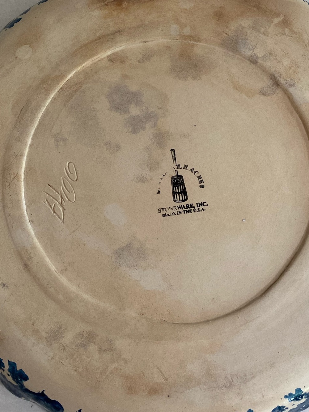 Stoneware Blue & White Sponged Chip and Dip Bowl with Cherry Motif. 1999-2000 - Picture 8 of 8